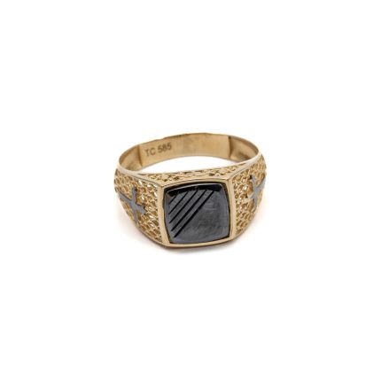 14k ferfi arany pecsetgyuru fekete koves kereszt mintaval 84483